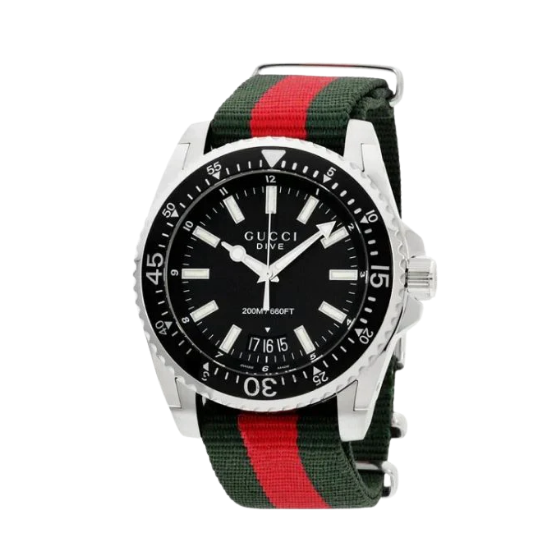 GUCCI Dive 45mm Black Dial Red Green Nylon Strap Mens Watch YA136206