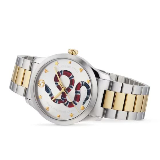 GUCCI G-Timeless 38mm Snake Motif Gold Silver Unisex Watch YA1264075