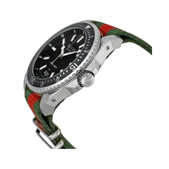 GUCCI Dive 45mm Black Dial Red Green Nylon Strap Mens Watch YA136206