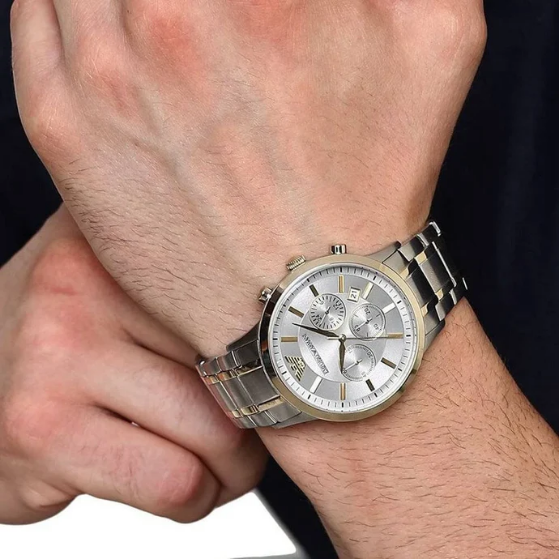 EMPORIO ARMANI Renato Chronograph 43mm Gold Silver Men Watch AR11076