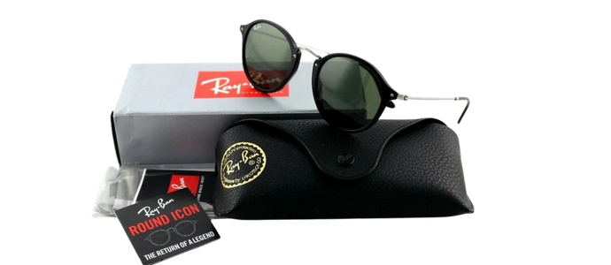 NEW Genuine RAY-BAN ROUND FLECK Black Silver Green Classic Sunglasses RB2447 901