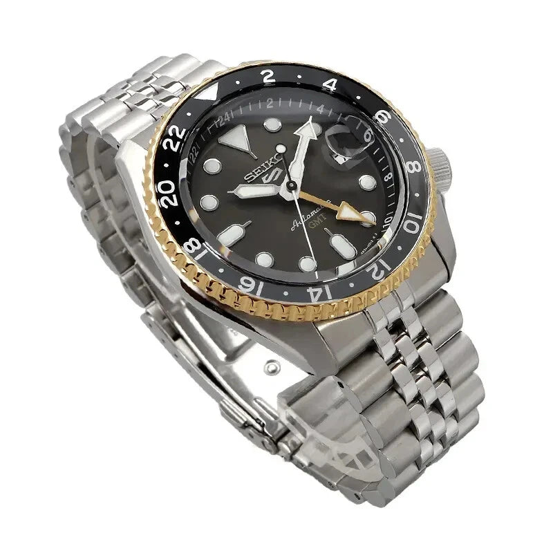 Seiko 5 Sports Automatic GMT SKX Gray Dial Gold Bezel Men's Watch SSK021