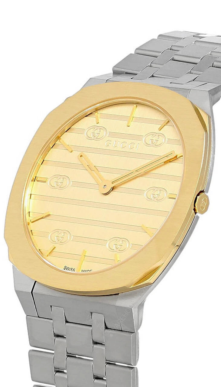 Gucci 25H Gold Silver 34mm Thin Stainless Steel Women Formal Watch YA163403