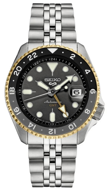 Seiko 5 Sports Automatic GMT SKX Gray Dial Gold Bezel Men's Watch SSK021