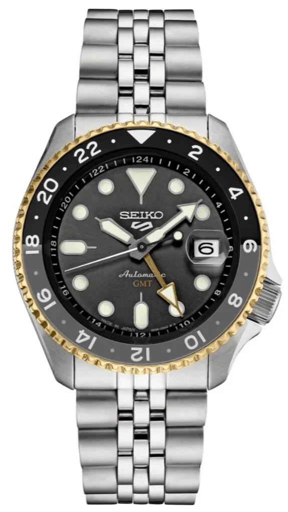 Seiko 5 Sports Automatic GMT SKX Gray Dial Gold Bezel Men's Watch SSK021