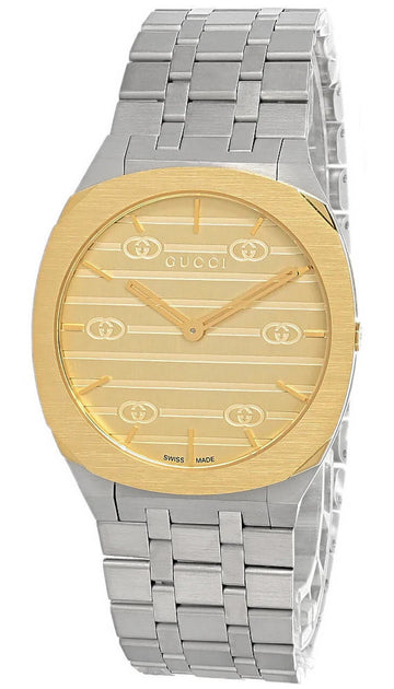 Gucci 25H Gold Silver 34mm Thin Stainless Steel Women Formal Watch YA163403