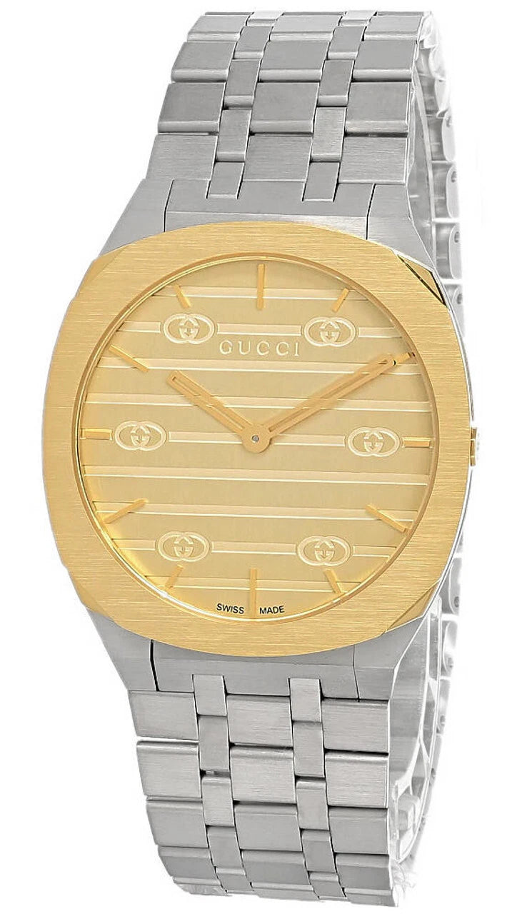 Gucci 25H Gold Silver 34mm Thin Stainless Steel Women Formal Watch YA163403