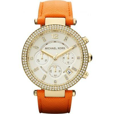 NEW Authentic Michael Kors Parker Orange Leather Strap Gold Ladies Watch MK2279
