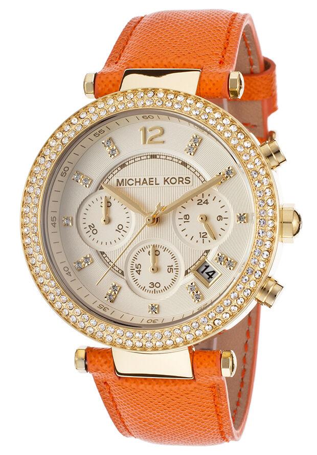 NEW Authentic Michael Kors Parker Orange Leather Strap Gold Ladies Watch MK2279