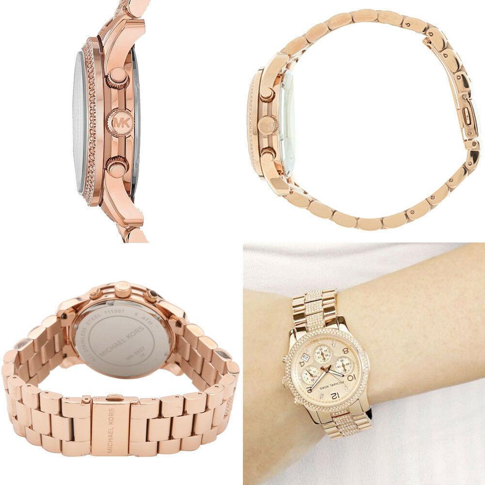 NEW Authentic Michael Kors Runway Rose-Tone & Crystal  Ladies  Watch MK 5827