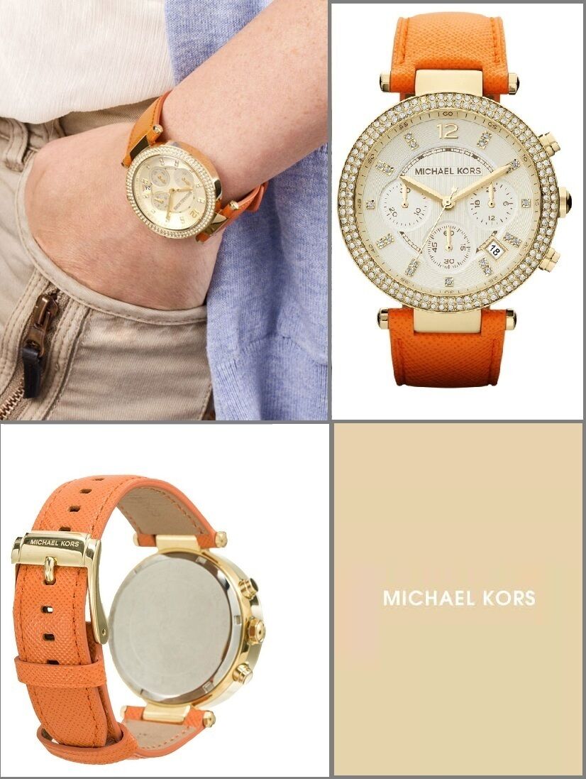 NEW Authentic Michael Kors Parker Orange Leather Strap Gold Ladies Watch MK2279