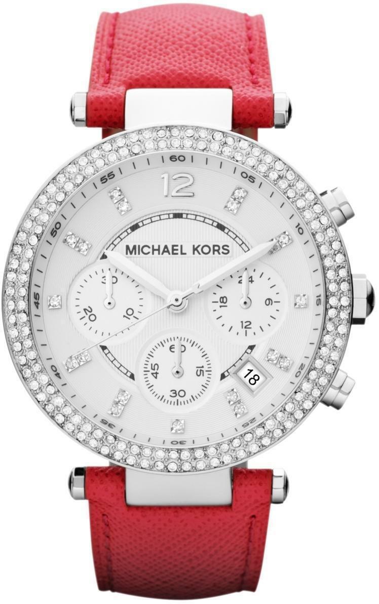NEW Authentic Michael Kors Parker Pink Leather Strap Silver Ladies Watch MK2278