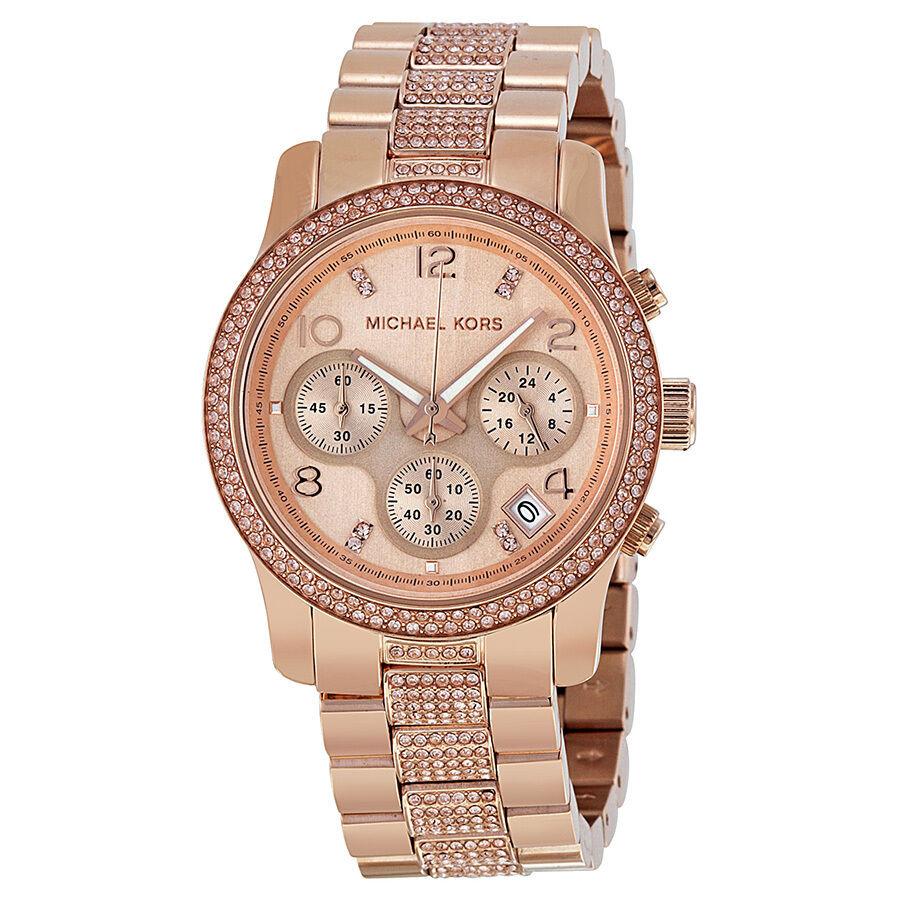 NEW Authentic Michael Kors Runway Rose-Tone & Crystal  Ladies  Watch MK 5827