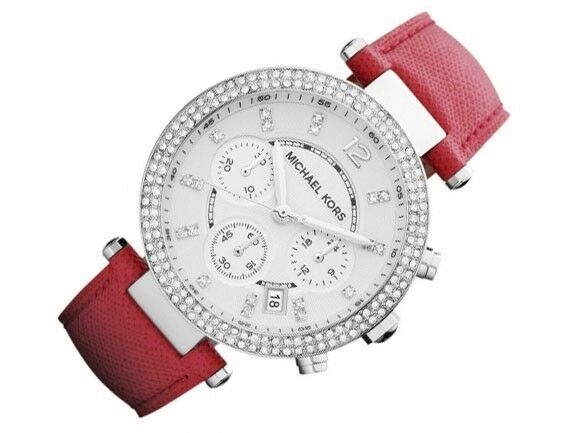 NEW Authentic Michael Kors Parker Pink Leather Strap Silver Ladies Watch MK2278