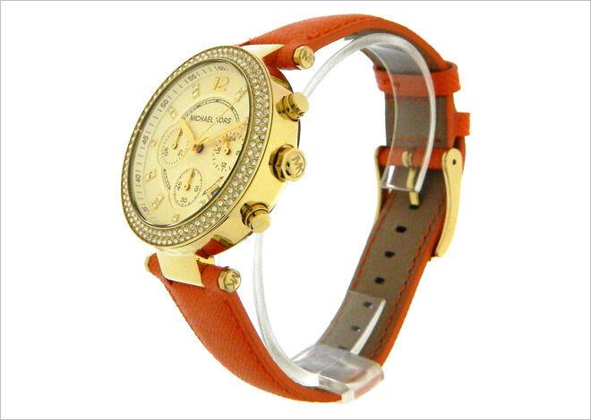 NEW Authentic Michael Kors Parker Orange Leather Strap Gold Ladies Watch MK2279