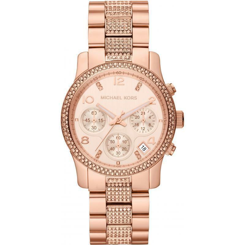 NEW Authentic Michael Kors Runway Rose-Tone & Crystal  Ladies  Watch MK 5827
