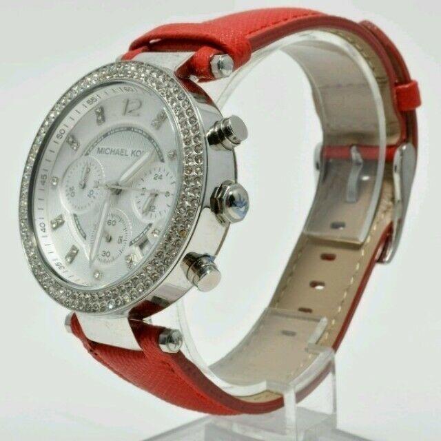 NEW Authentic Michael Kors Parker Pink Leather Strap Silver Ladies Watch MK2278