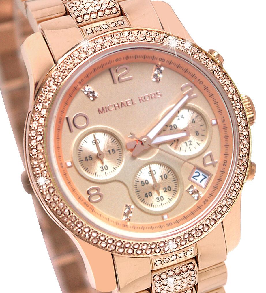 NEW Authentic Michael Kors Runway Rose-Tone & Crystal  Ladies  Watch MK 5827