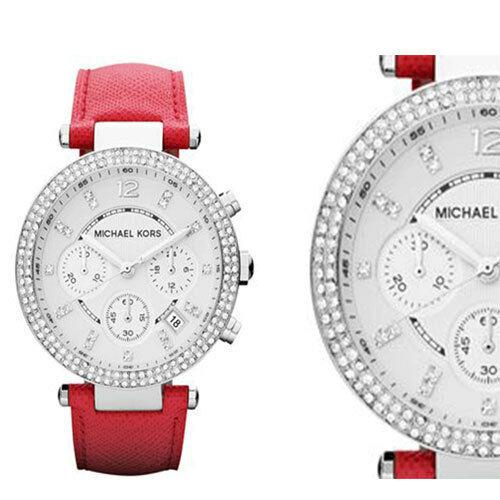 NEW Authentic Michael Kors Parker Pink Leather Strap Silver Ladies Watch MK2278