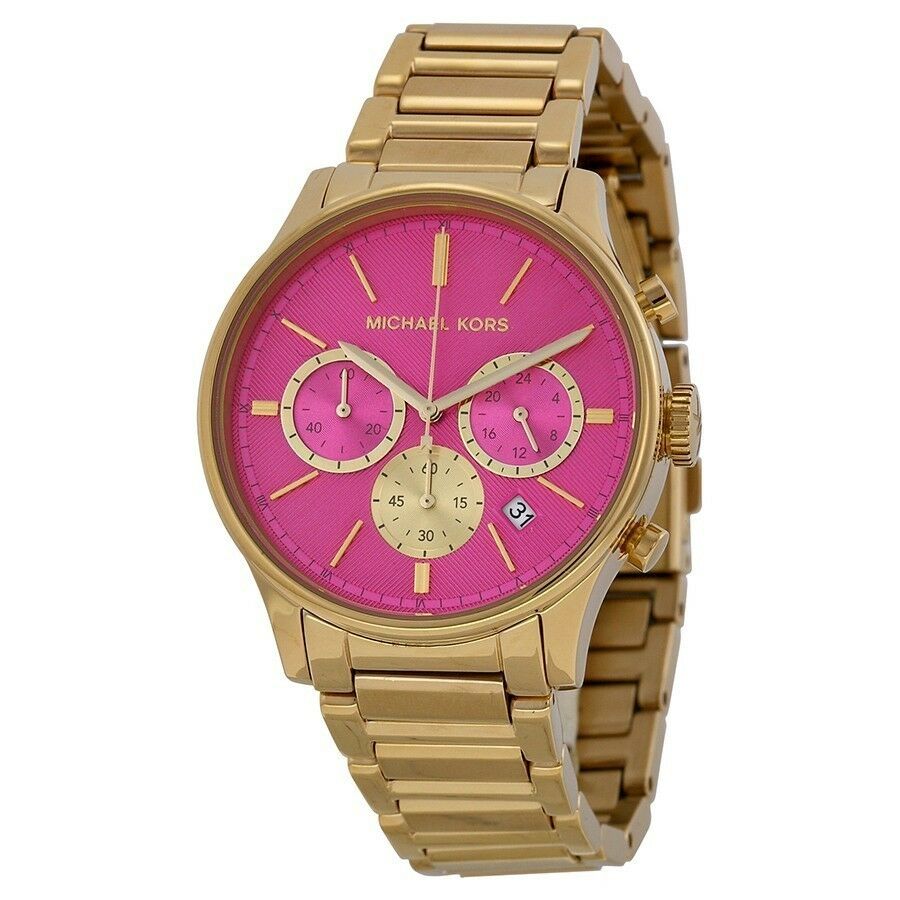 NEW Authentic Michael Kors Bailey Gold Pink Dial Chronograph Ladies Watch MK5909