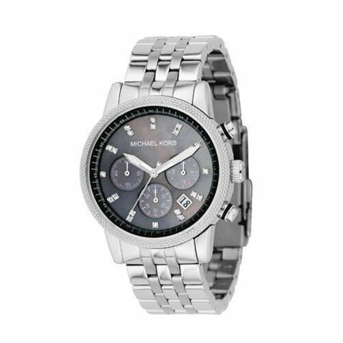 NEW Authentic Michael Kors Silver Black Dial Chronograph Designer Watch for Women MK5021