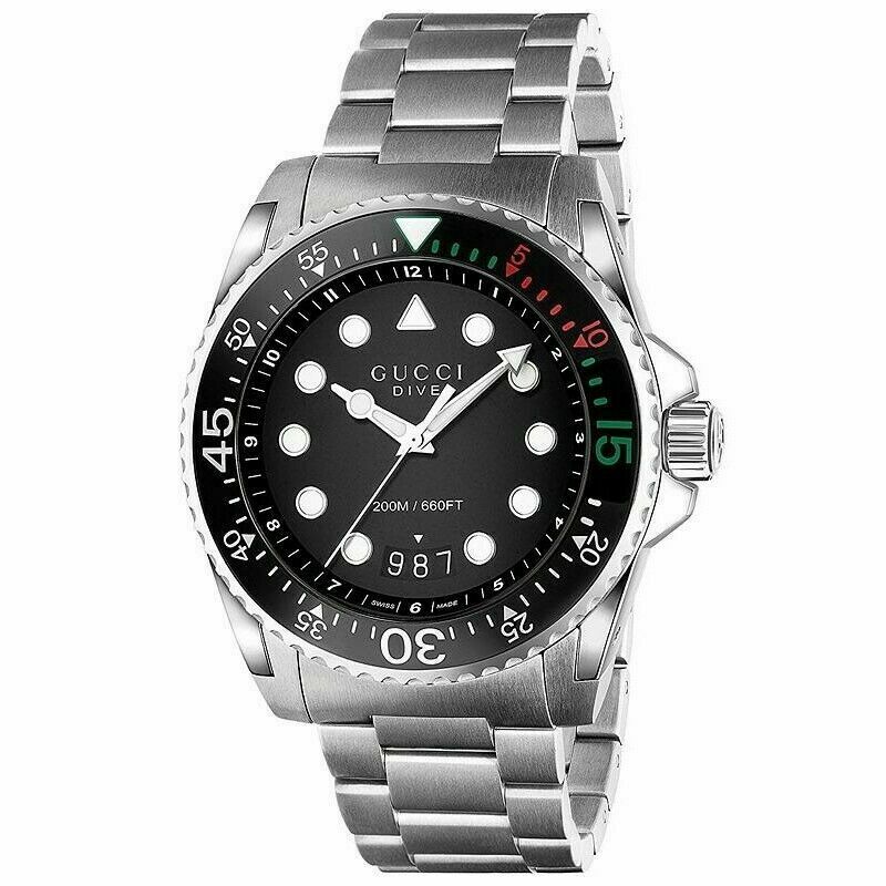 Gucci Dive XL 45mm Swiss Quartz Black Dial Mens Steel Watch YA136208