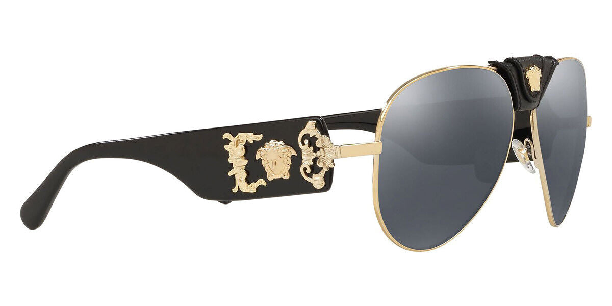 VERSACE Gold Grey Mirror Black Lens Pilot Metal Sunglasses VE 2150Q 12526G