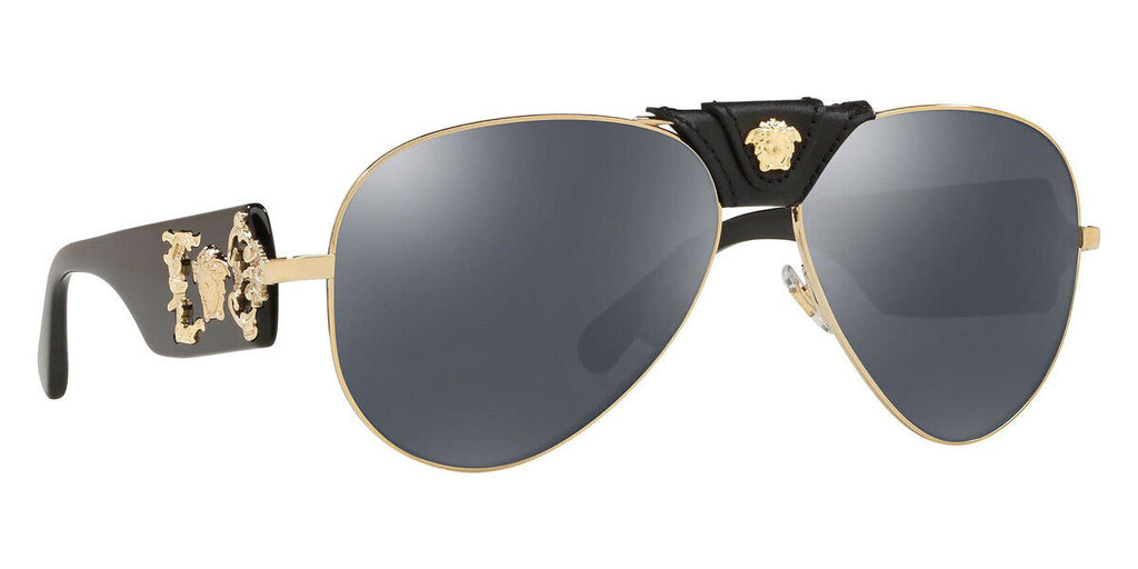 VERSACE Gold Grey Mirror Black Lens Pilot Metal Sunglasses VE 2150Q 12526G