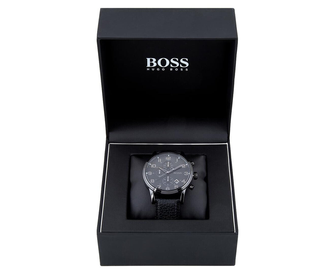 HUGO BOSS Aeroliner Chronograph 44mm Leather Black Men Watch 1512567