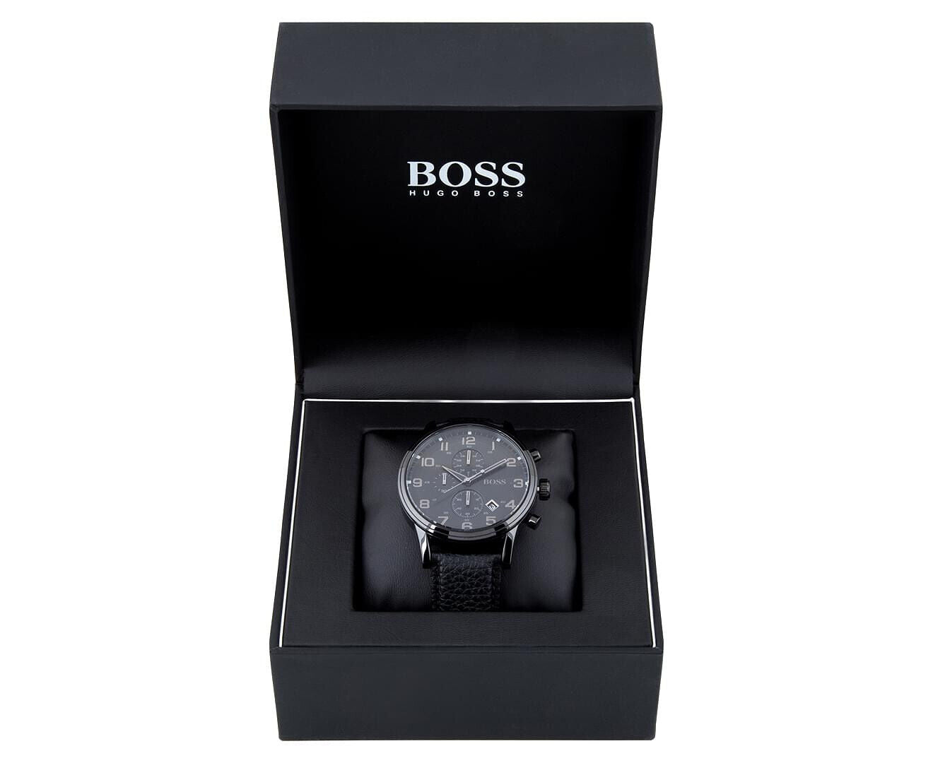 HUGO BOSS Aeroliner Chronograph 44mm Leather Black Men Watch 1512567