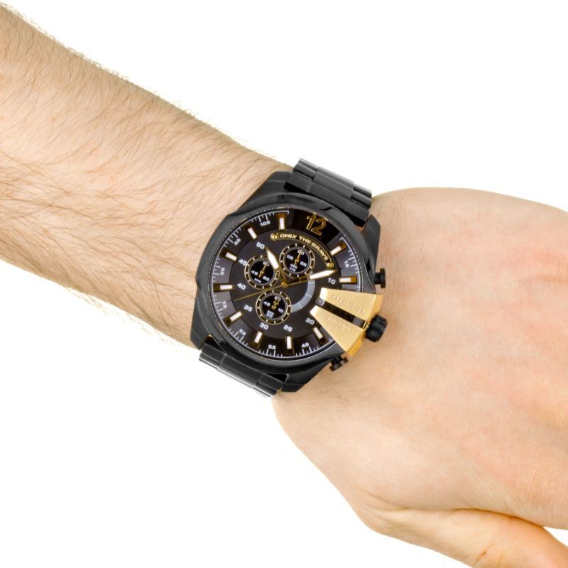 DIESEL Mega Chief 59mm Chronograph Gold Black Steel Men Watch DZ4338