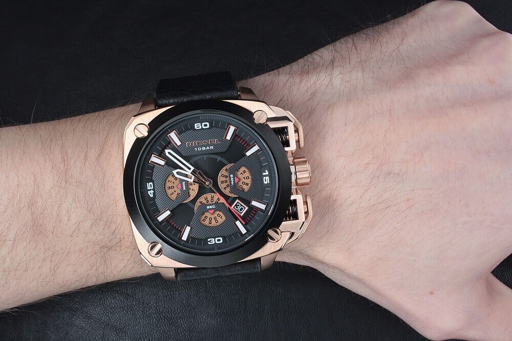 DIESEL BAMF Chronograph Black Rose Gold Leather Men's Watch DZ7346