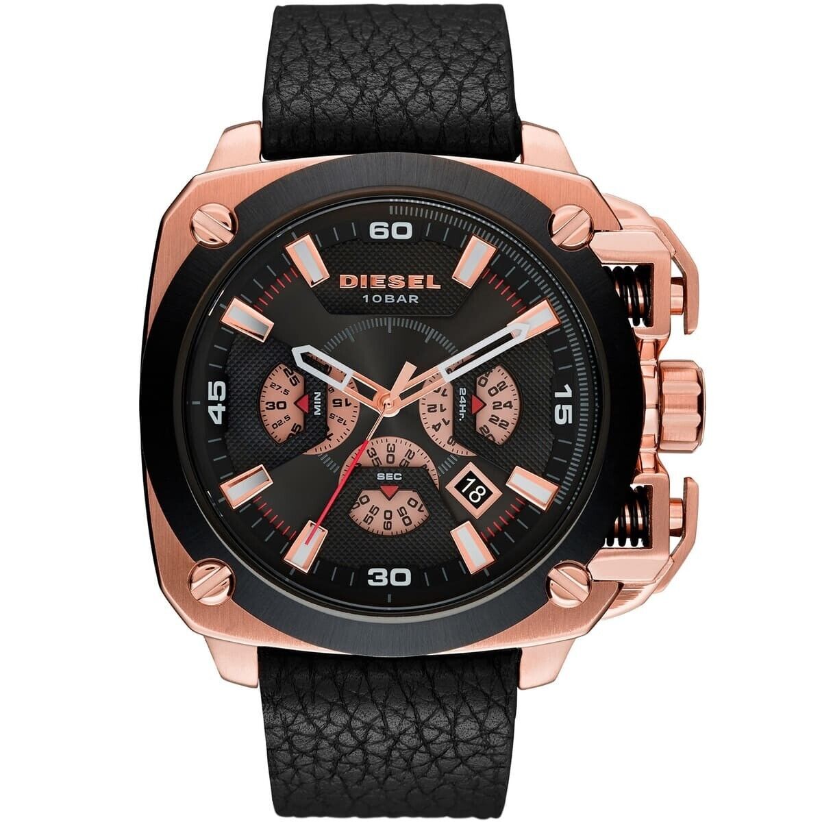 DIESEL BAMF Chronograph Black Rose Gold Leather Men's Watch DZ7346