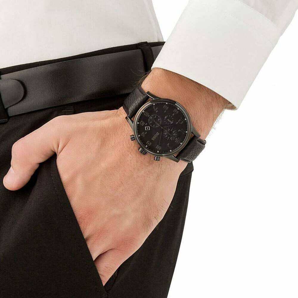 HUGO BOSS Aeroliner Chronograph 44mm Leather Black Men Watch 1512567