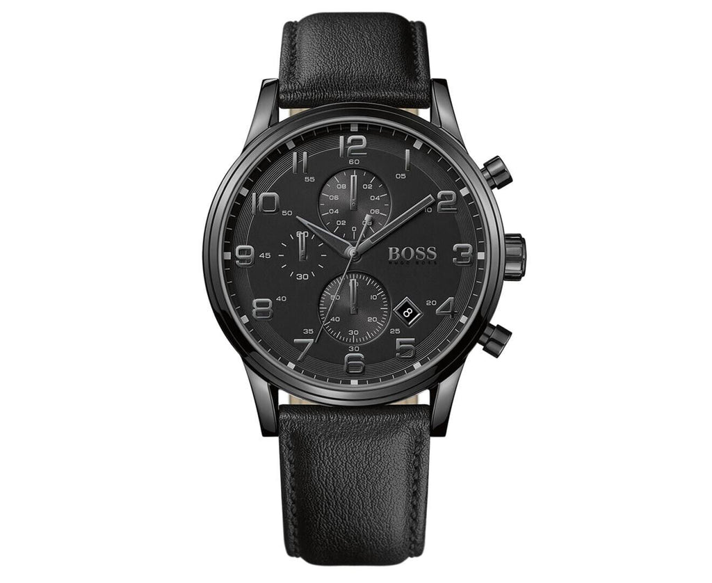 HUGO BOSS Aeroliner Chronograph 44mm Leather Black Men Watch 1512567