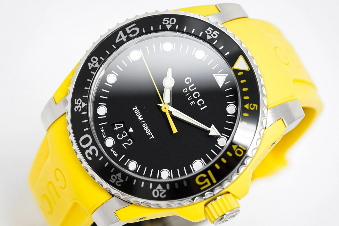 Gucci Dive 40mm Black Dial Yellow Rubber Strap Swiss Watch YA136319