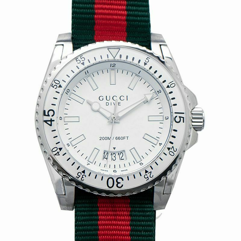 Gucci Dive 45mm Silver Dial Red Green Nylon Men's Watch YA136207