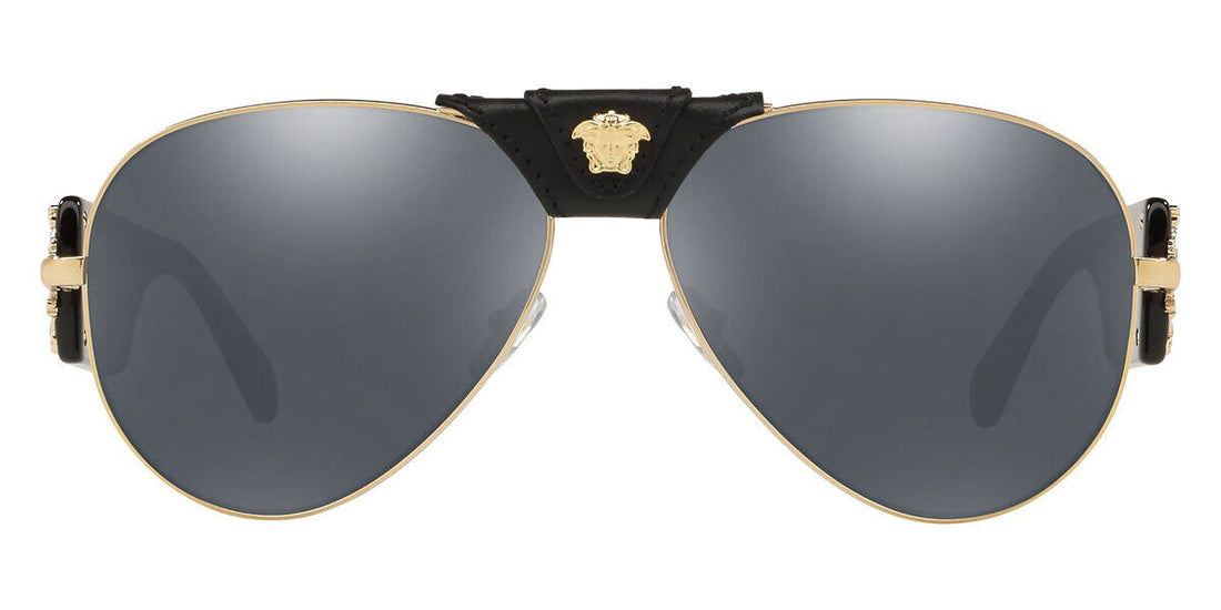 VERSACE Gold Grey Mirror Black Lens Pilot Metal Sunglasses VE 2150Q 12526G