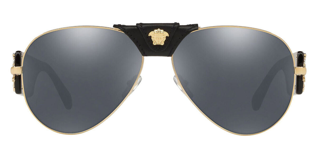 VERSACE Gold Grey Mirror Black Lens Pilot Metal Sunglasses VE 2150Q 12526G