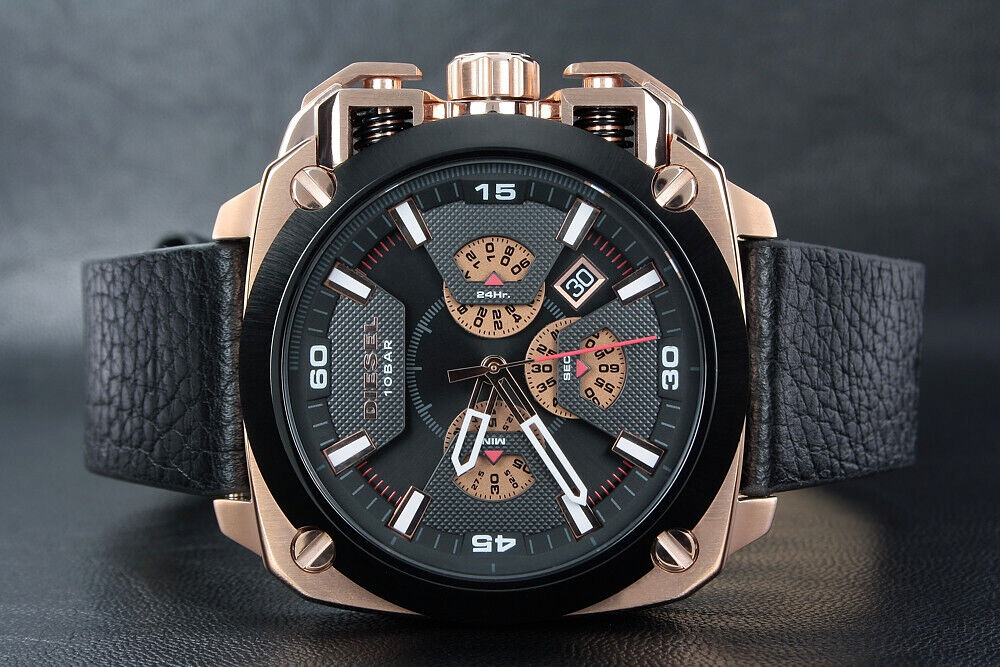 DIESEL BAMF Chronograph Black Rose Gold Leather Men's Watch DZ7346