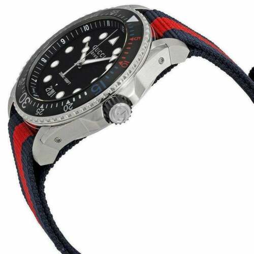 Gucci Dive 45mm XL Black Dial Nylon Blue/Red Strap Swiss Mens Watch YA136210