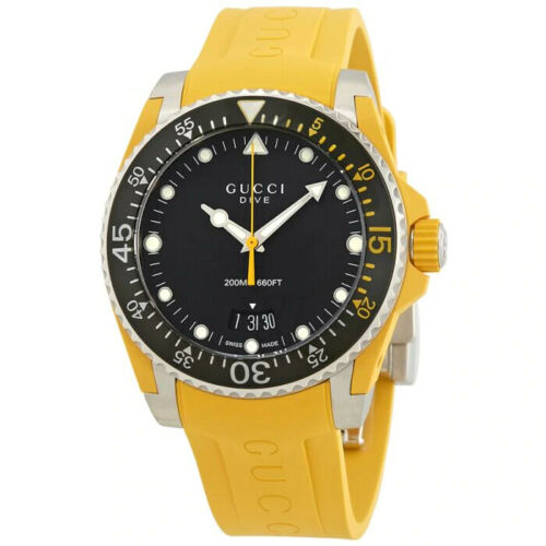 Gucci Dive 40mm Black Dial Yellow Rubber Strap Swiss Watch YA136319