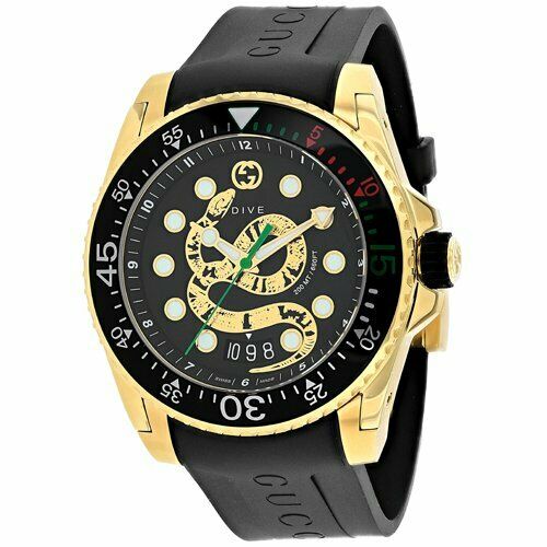 Gucci Dive 45mm Gold King Snake Rubber Strap Men's Watch YA136219