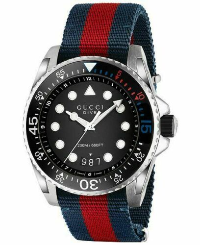Gucci Dive 45mm XL Black Dial Nylon Blue/Red Strap Swiss Mens Watch YA136210