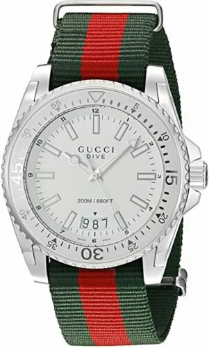 Gucci Dive 45mm Silver Dial Red Green Nylon Men's Watch YA136207